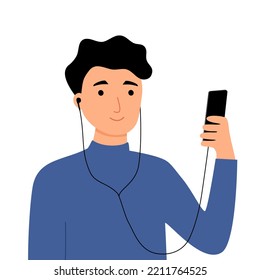 Man wearing earphone cable making video call via smartphone in flat design on white background.