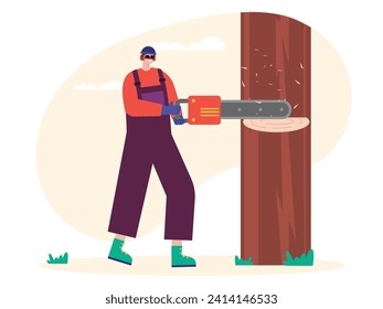 Man wearing earplugs, gloves, knit cap, protective gear, cutting trees with electric chainsaw. Character design. Vector flat illustration