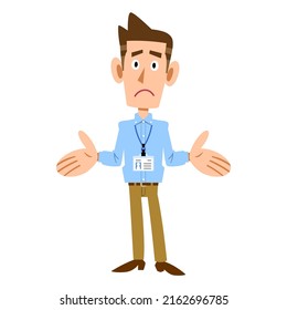 A man wearing an employee ID and a disappointing light blue shirt