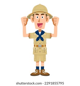 A man wearing an explorer's clothes doing a guts pose