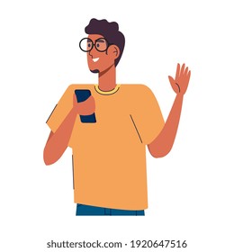 man wearing eyeglasses using smartphone standing character vector illustration design