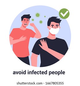 Man wearing a face mask and avoiding infected people. Virus prevention and protection. Coronovirus alert. Isolated vector illustration in cartoon style