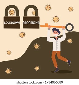The man wearing face mask and carrying a key for open two padlock. After Coronavirus COVID-19 lockdown. Reopen company, restart business, return to normal operation. Vector illustration icon design.