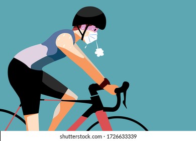 A man is wearing the face mask during exercise by  cycling is risk of hard breathing.Designed for public relations to protect yourself in situations of COVID-19.