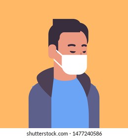 man wearing face mask environmental industrial smog dust toxic air pollution and virus protection concept male cartoon character portrait flat