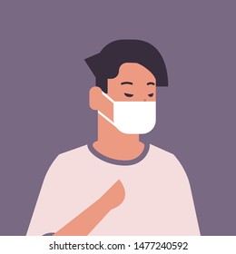 man wearing face mask environmental industrial smog dust toxic air pollution and virus protection concept male cartoon character portrait flat