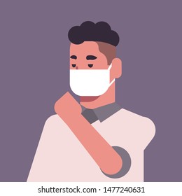 man wearing face mask environmental industrial smog dust toxic air pollution and virus protection concept male cartoon character portrait flat