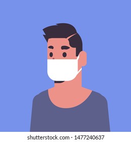 man wearing face mask environmental industrial smog dust toxic air pollution and virus protection concept male cartoon character portrait flat