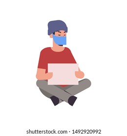 man wearing face mask guy protester holding blank placard male activist with empty sign banner sitting pose protest demonstration concept flat full length