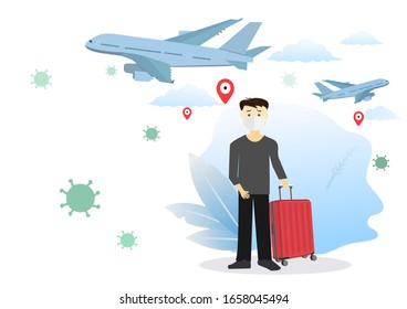 Man wearing face mask with 
Luggage at arrival terminal in airport protect from coronavirus (COVID-19) .  Concept for fight against virus and Coronavirus, Air pollution pm2.5 and .Vector illustration