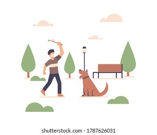 A man wearing a face mask and playing with his dog in open space public city park illustration