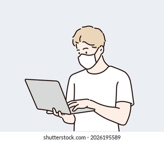 Man wearing face mask to protect coronavirus covid-19 using laptop computer. Hand drawn style vector design illustrations.