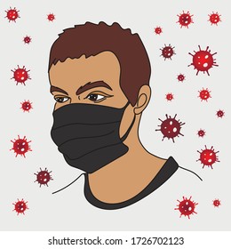 Man wearing face mask to protection disease Coronavirus. Corona Virus 2020 COVID-19. Young male character. Vector illustration. Flat and Comic style. No Infection and Stop syndrome Coronavirus.