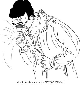 Man wearing a face mask as a result of city air pollution, Man wearing a mask and coughing as a result of pollution sketch drawing vector illustration, air pollution clip art