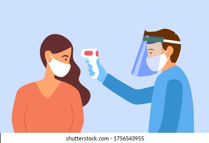 Man wearing face mask and face shield measuring the temperature of a woman with medical digital infrared thermometer in side view. Covid19 Coronavirus epidemic outbreak. thermo scan checkpoint.