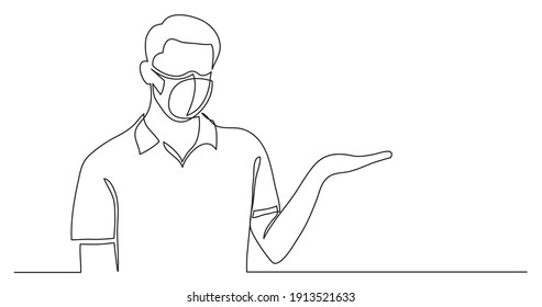 man wearing face mask showing something - single line drawing