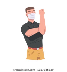 Man Wearing Face Mask Showing Hand with Clenched Fist as Stop Virus Sign Vector Illustration