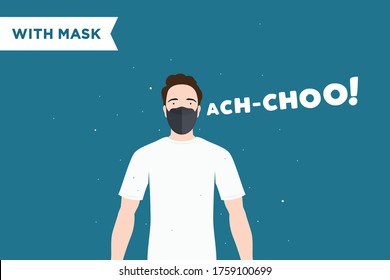 Man Wearing Face Mask and Sneezing. Bacterial Water Droplet Germs and Virus Spreading Infection Infographic Vector Illustration Background