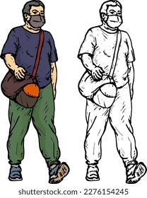 Man wearing face mask with a sports duffel bag walking forward, isolated against white. Hand drawn vector illustration.