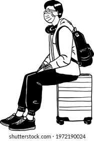 Man wearing face mask with suitcase Traveler stay safe Travel during Corona virus
