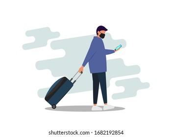 man wearing face mask travelling aboard vector illustration. Covid-19 coronavirus prevention travelling concept background.