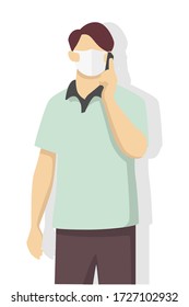 Man is  wearing face mask for virus protection, air pollution, contaminated air, world pollution. Modern flat vector illustration.