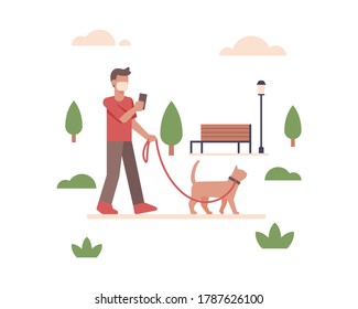 A man wearing a face mask and walking at public area city park with his cute cat vector illustration