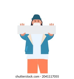 Man wearing face mask with white paper. Young man showing gesture stop. Vector illustration in a flat style