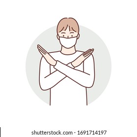 Man wearing face mask. Young woman with crossed arms gesture. Hand drawn style vector design illustrations.