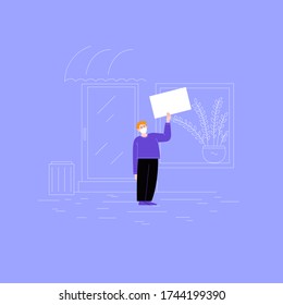 A man wearing face masks protesting with blank cardboards. Male activist standing on the street holding protest poster. Pandemic protest concept. Flat vector illustration