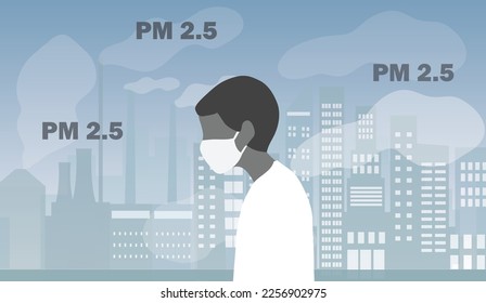 Man wearing face masks tor protect P.M. 2.5 smoke, dust and air pollution in city, factory pipes and industrial smog vector illustration. Environment and air pollution concept background