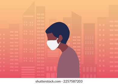 Man wearing face masks tor protect P.M. 2.5 smoke, dust and air pollution in city, factory pipes and industrial smog vector illustration. Environment and air pollution concept background