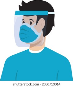 Man wearing a face shield and face mask to protect him from the coronavirus. Face shield mask for personal protection. Mask, face protection