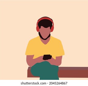 Man Wearing Face sitting in public park using smartphone and headphones. Flat design vector