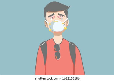 a man is wearing a facemask standing at outdoor and his eyes are red cause of air pollution