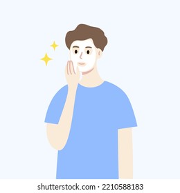 Man wearing facial mask on face. Beauty, cosmetic, skincare, treatment, lifestyle, cleansing concept. Flat character vector design illustration. 