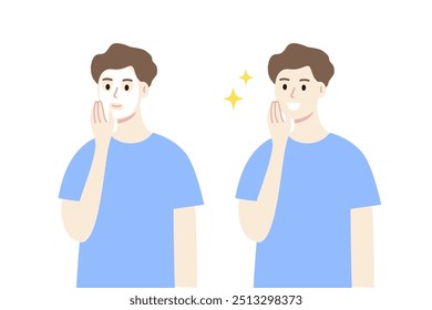 Man wearing facial mask on face. Happy man with smooth clean skin. Beauty, cosmetic, skincare, treatment, lifestyle, cleansing, hygiene concept. Flat people character vector design illustration. 