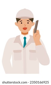 Man wearing factory worker uniform. Factory worker Man cartoon character. People face profiles avatars and icons. Close up image of man using smartphone. Vector flat illustration.