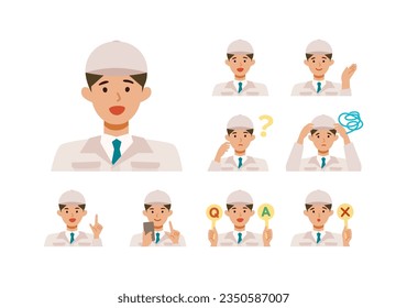 Man wearing factory worker uniform. Factory worker Man cartoon character head collection set. People face profiles avatars and icons. Close up image of smiling man. Vector flat illustration.