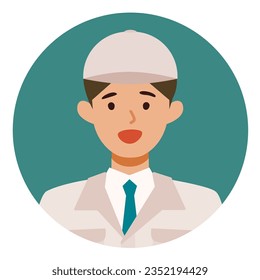 Man wearing factory worker uniform. Factory worker Man cartoon character. People face profiles avatars and icons. Close up image of smiling man. Vector flat illustration.