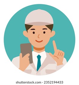Man wearing factory worker uniform. Factory worker Man cartoon character. People face profiles avatars and icons. Close up image of man using smartphone. Vector flat illustration.