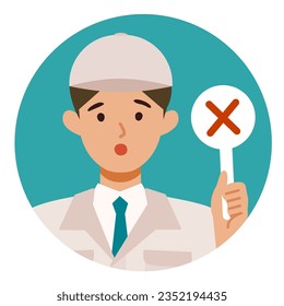 Man wearing factory worker uniform. Factory worker Man cartoon character. People face profiles avatars and icons. Close up image of man having warning expression . Vector flat illustration.