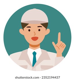 Man wearing factory worker uniform. Factory worker Man cartoon character. People face profiles avatars and icons. Close up image of pointing man. Vector flat illustration.