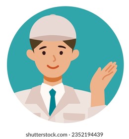 Man wearing factory worker uniform. Factory worker Man cartoon character. People face profiles avatars and icons. Close up image of pointing man. Vector flat illustration.