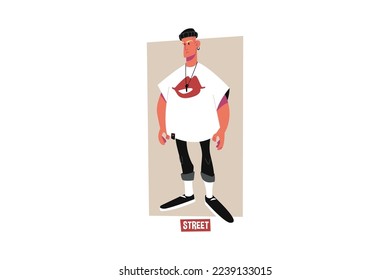 Man wearing fashion casual clothes vector illustration. Dude in stylish jeans and casual t-shirt flat style concept