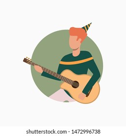 Man wearing festive hat playing guitar. Singing guy in birthday cap. Holiday concept. Vector illustration can be used for topics like concert, New Year, office party