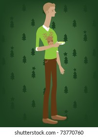 A man wearing a festive sweater while holding some eggnog.