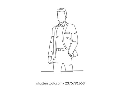 A man wearing formal attire and a bow tie. Tuxedo one-line drawing