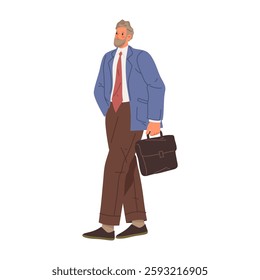 Man wearing formal clothes and carrying briefcase in hands walking calmly. Vector isolated businessman going to work or meeting. Strolling personage going from job, confident male character