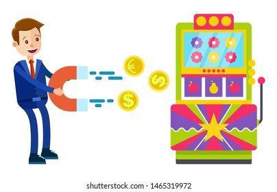 Man wearing formal clothes in casino vector, isolated character with magnet pulling money out of slot machine. Gambling gambler with fortune wheel and coin. Flat cartoon